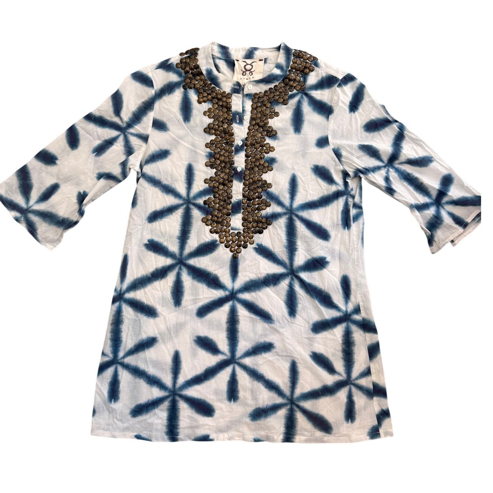 Figue Womens Blue White Shibori Starburst Cotton‎ Tunic Metal Disc Embellished S
